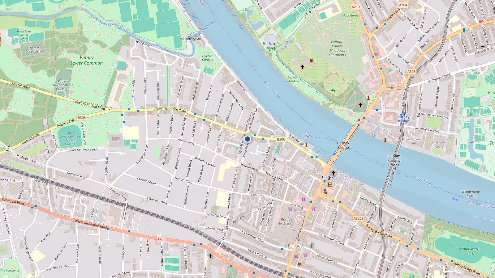 Map of the streets around 2b Weiss Road, Putney, London SW15 1DH